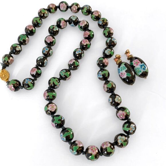 Vintage Floral Cloisonné Hand Knotted Beaded Necklace Set - Picture 1 of 5
